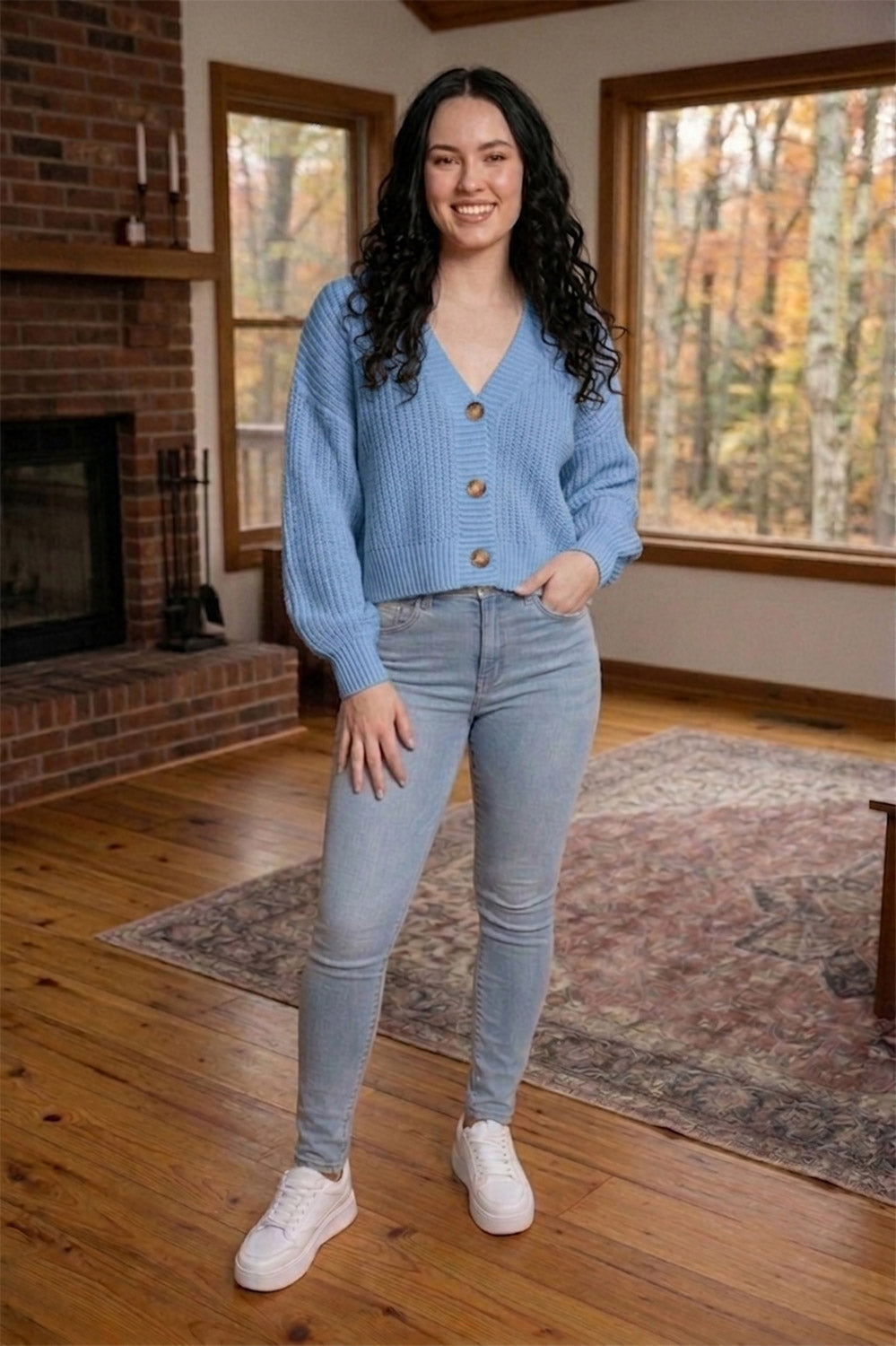 Chunky Knit Cardigan Balloon Sleeve Cropped 3 Button Jumper Soft Cozy Top