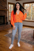 Chunky Knit Cardigan Balloon Sleeve Cropped 3 Button Jumper Soft Cozy Top