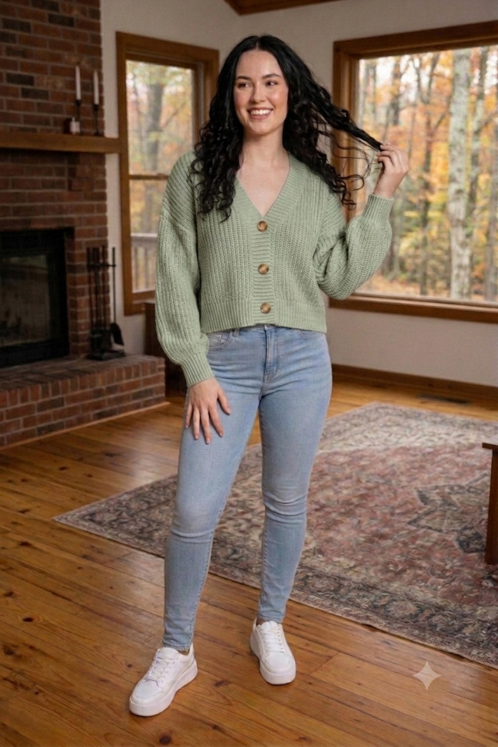 Chunky Knit Cardigan Balloon Sleeve Cropped 3 Button Jumper Soft Cozy Top