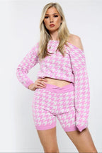 Dogtooth Slash Neck Loungewear Short Set