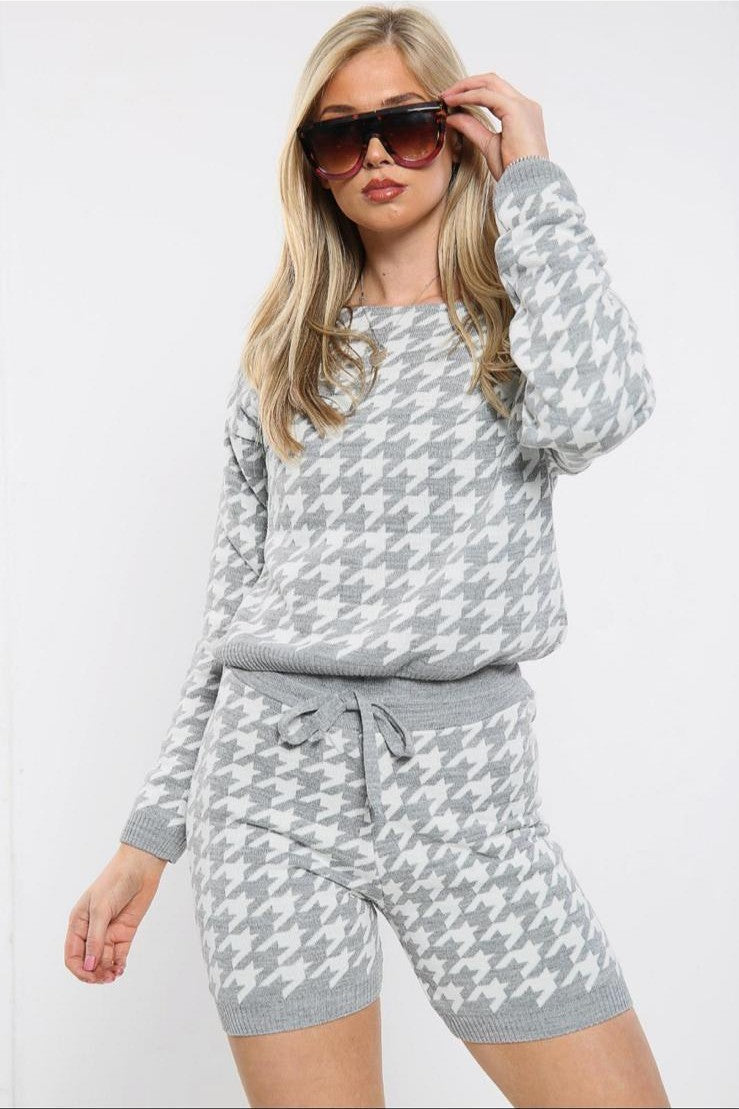 Dogtooth Slash Neck Loungewear Short Set