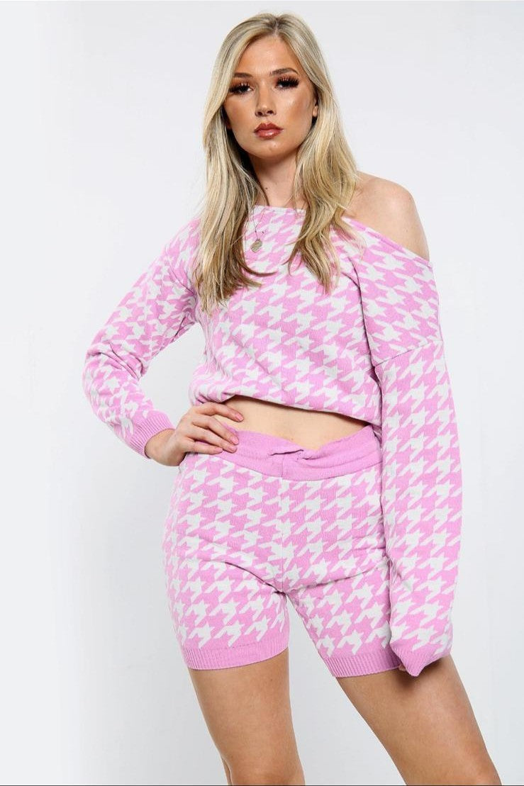 Dogtooth Slash Neck Loungewear Short Set