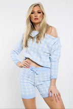 Dogtooth Slash Neck Loungewear Short Set