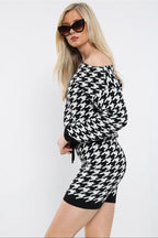 Dogtooth Slash Neck Loungewear Short Set