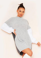Grey Colour Block Rib Knitted High Neck Jumper Dress