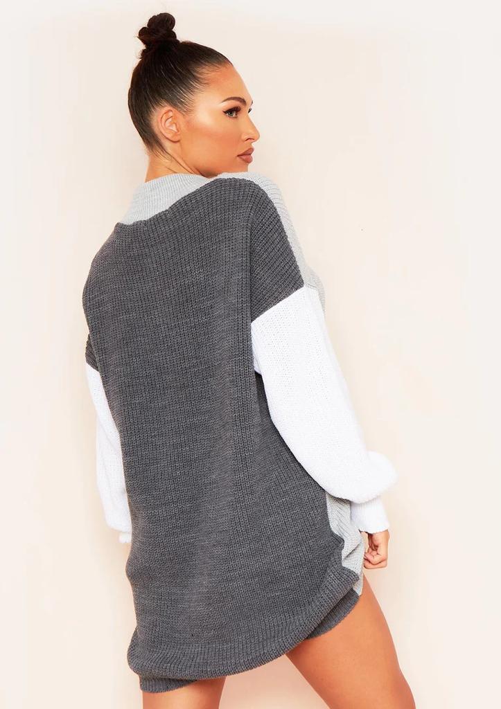 Grey Colour Block Rib Knitted High Neck Jumper Dress