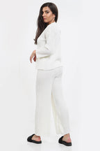 Womens Ladies Knitted Ribbed Round Neck 2 Pcs Loungewear Tracksuit Set