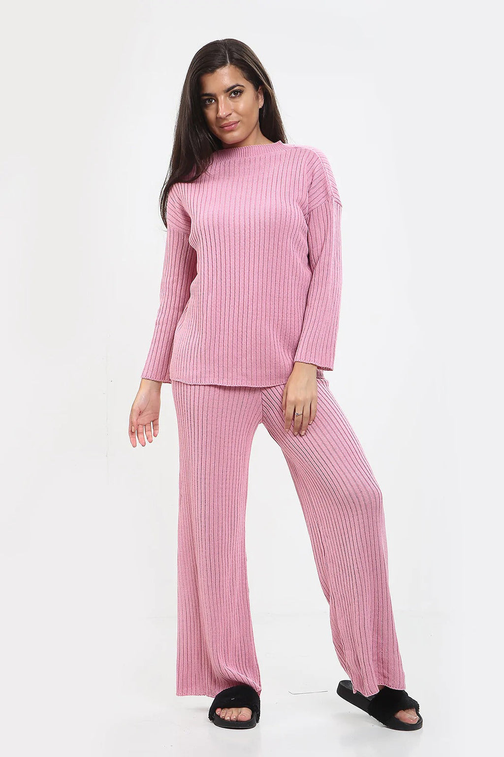 Womens Ladies Knitted Ribbed Round Neck 2 Pcs Loungewear Tracksuit Set