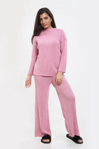 Womens Ladies Knitted Ribbed Round Neck 2 Pcs Loungewear Tracksuit Set