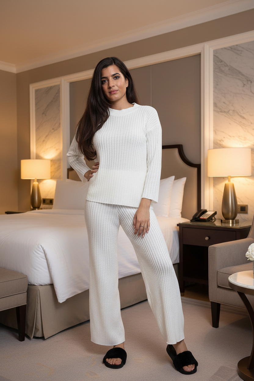 Womens Ladies Knitted Ribbed Round Neck 2 Pcs Loungewear Tracksuit Set