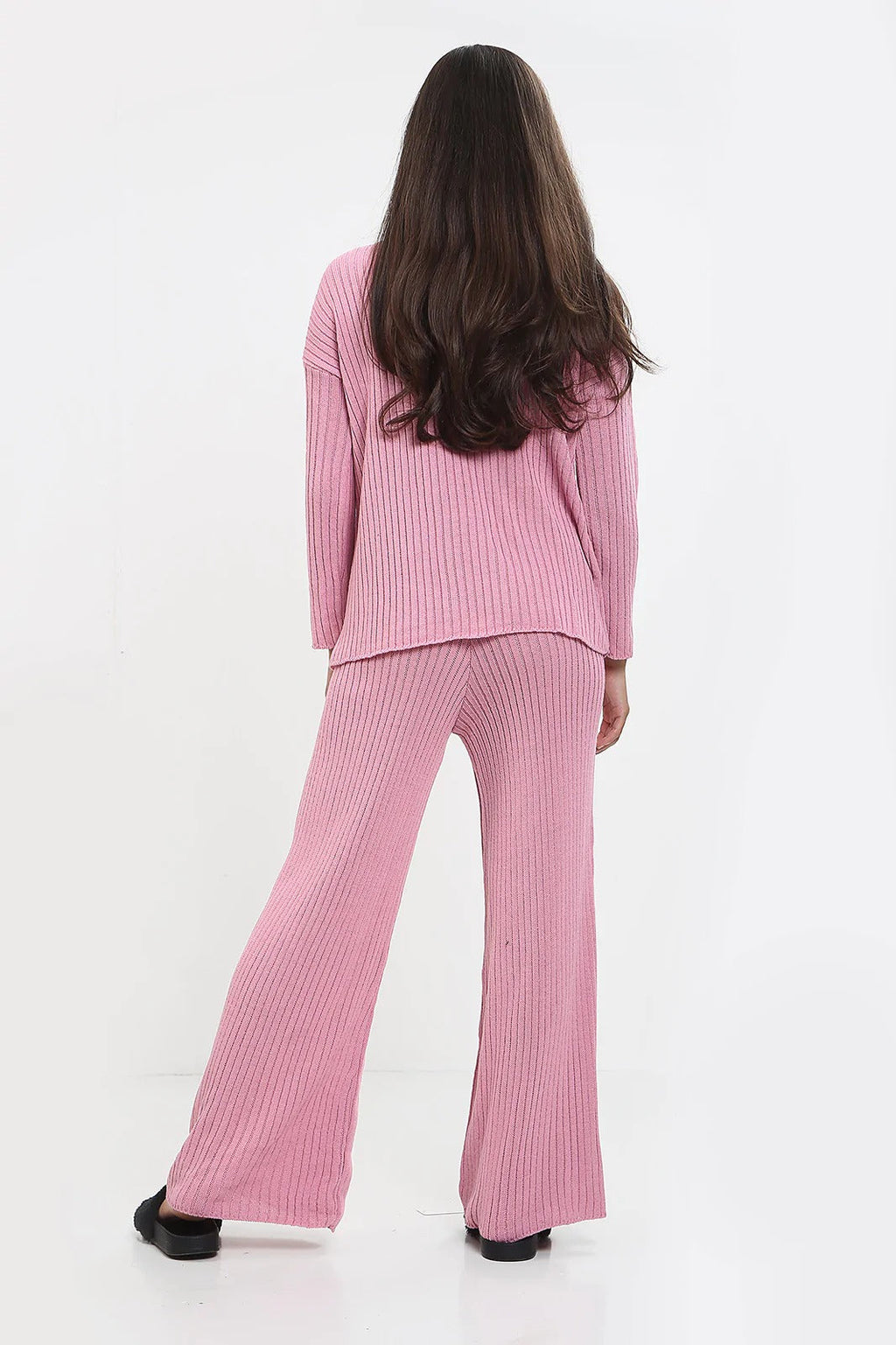 Womens Ladies Knitted Ribbed Round Neck 2 Pcs Loungewear Tracksuit Set