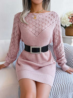 Women's Hollow Out Knitted Full Sleeves Sweater Dress
