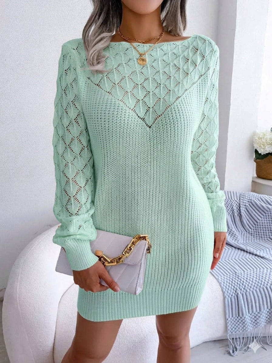 Women's Hollow Out Knitted Full Sleeves Sweater Dress