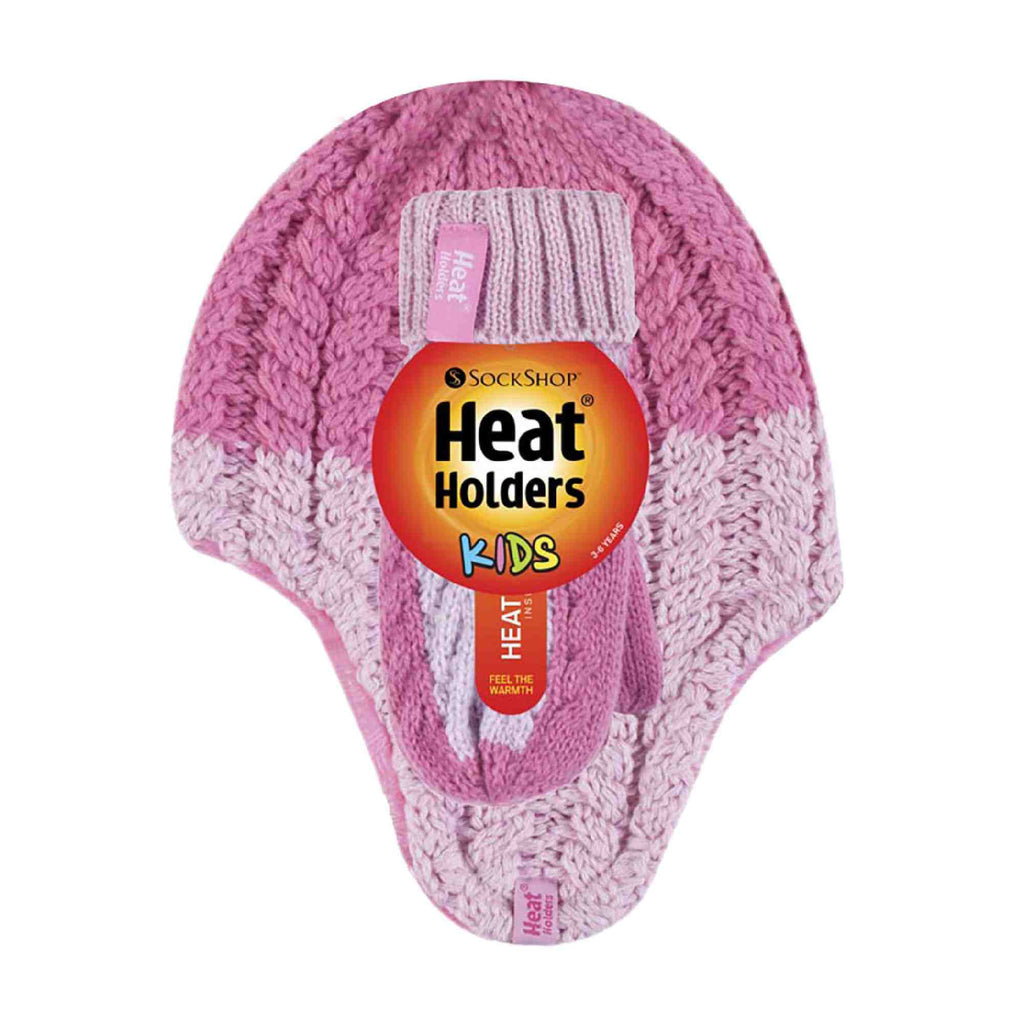 Kids Winter Warm Fleece Lined Thermal Beanie Hat & Mittens with Ear Flaps