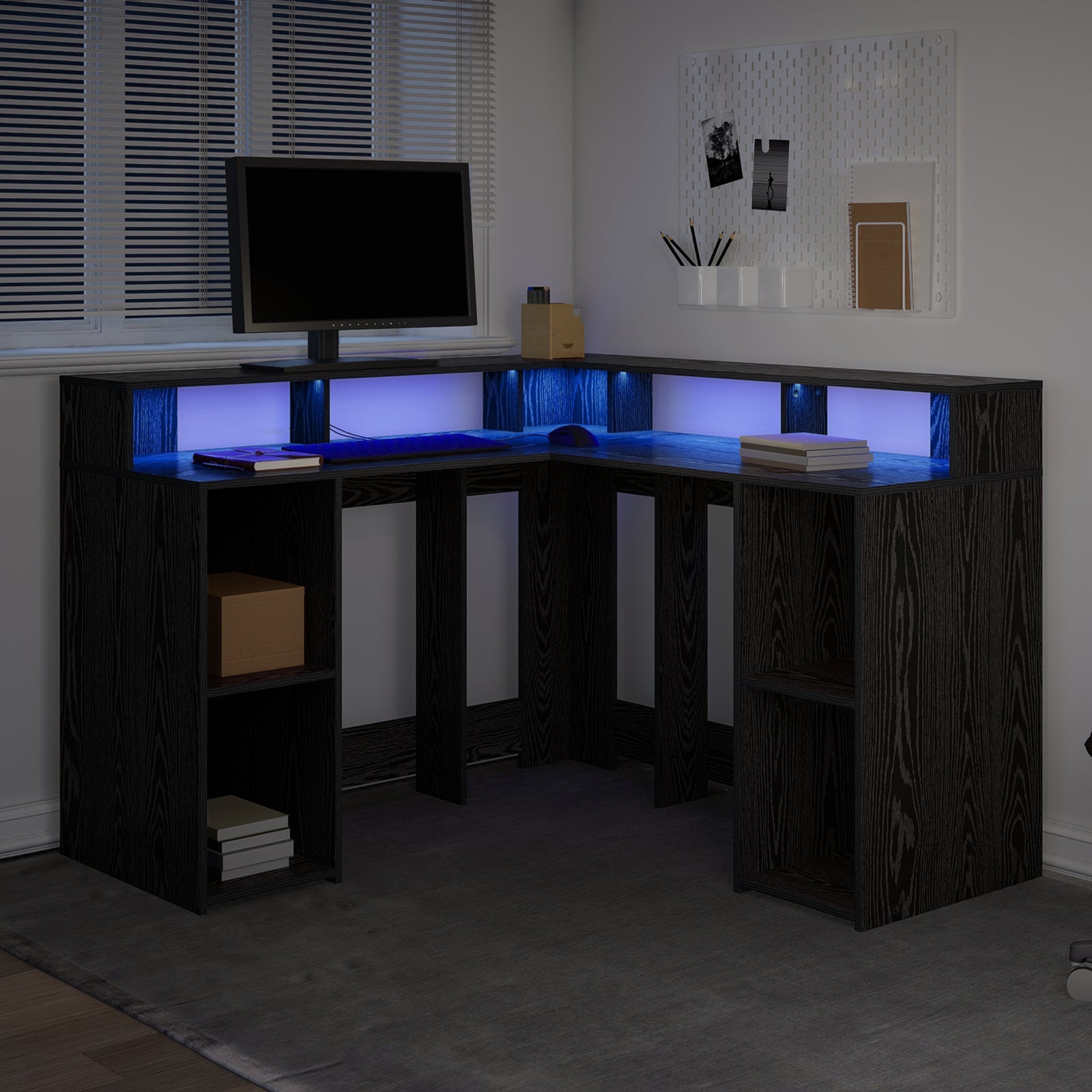 Modern Wooden Home Office Gaming Corner Computer Desk With LED Lights Storage