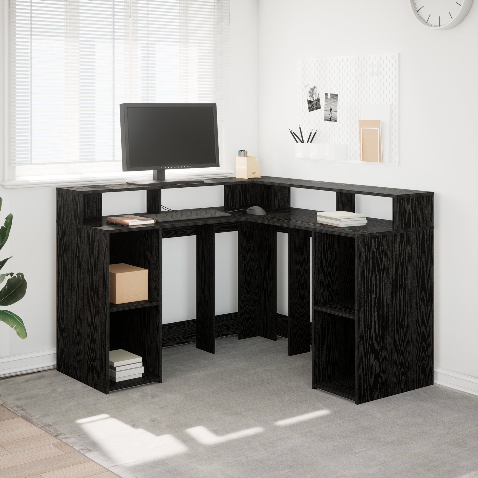 Modern Wooden Home Office Gaming Corner Computer Desk With LED Lights Storage