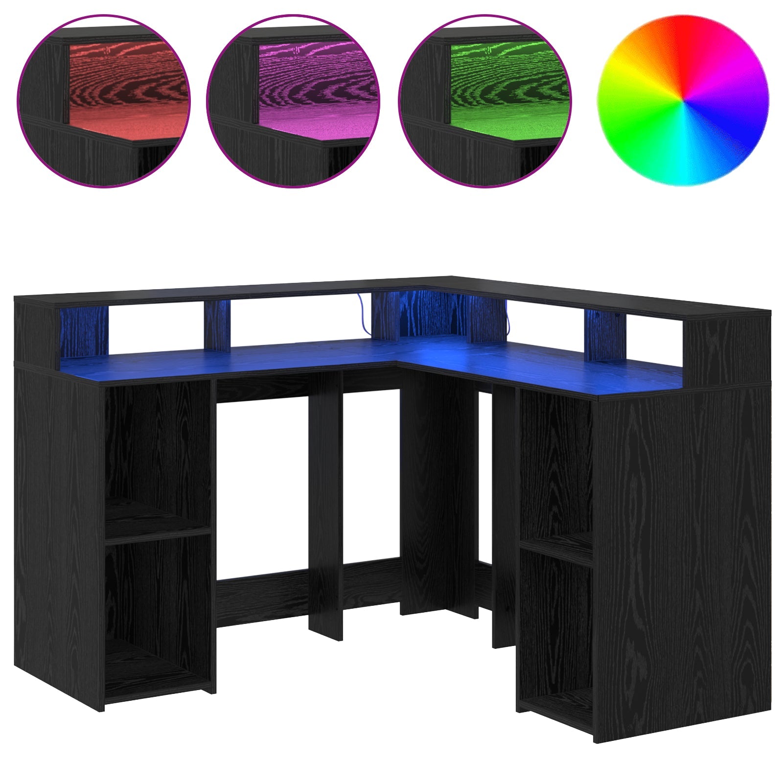 Modern Wooden Home Office Gaming Corner Computer Desk With LED Lights Storage