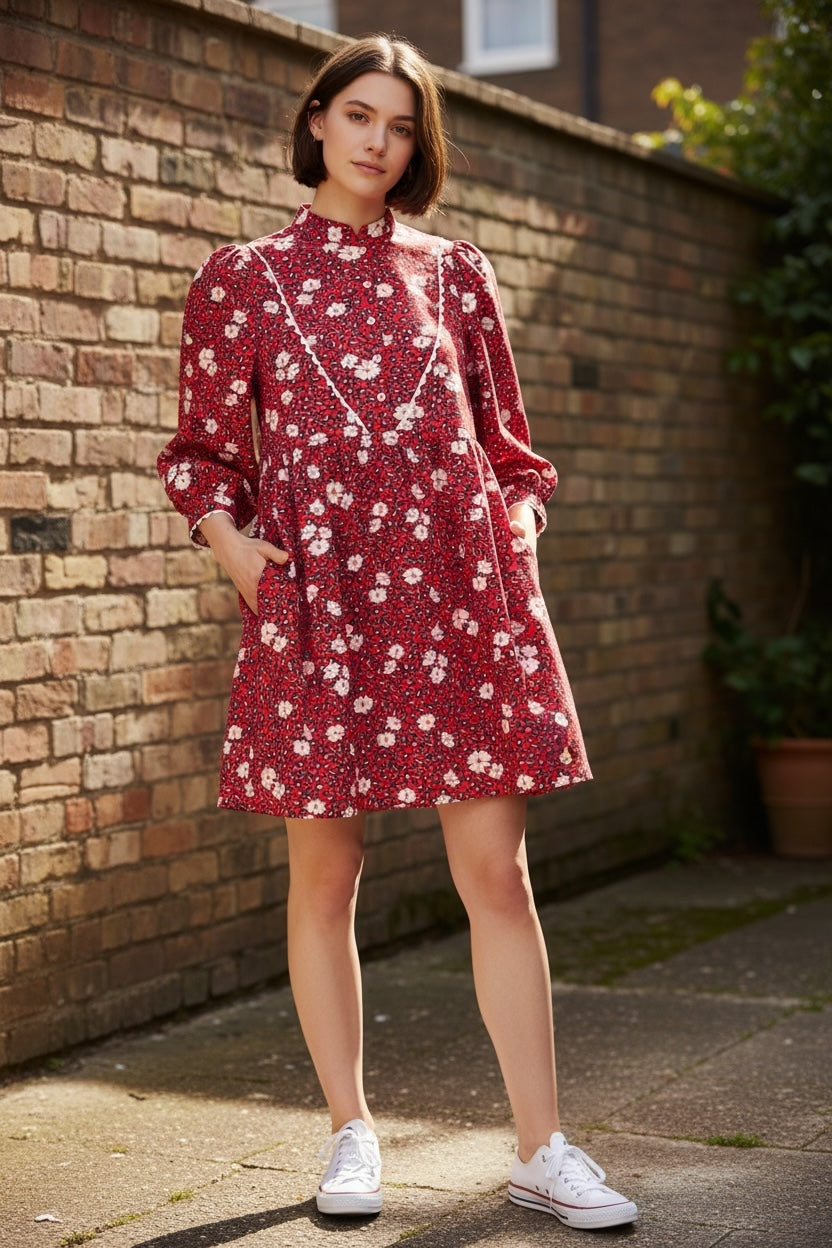 Louche Suzanne Roaring Daisy Print Long Sleeve Mini Dress - Red