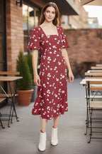 Louche Nadine Roaring Daisy Print Square Neck Balloon Sleeve Midi Dress Red