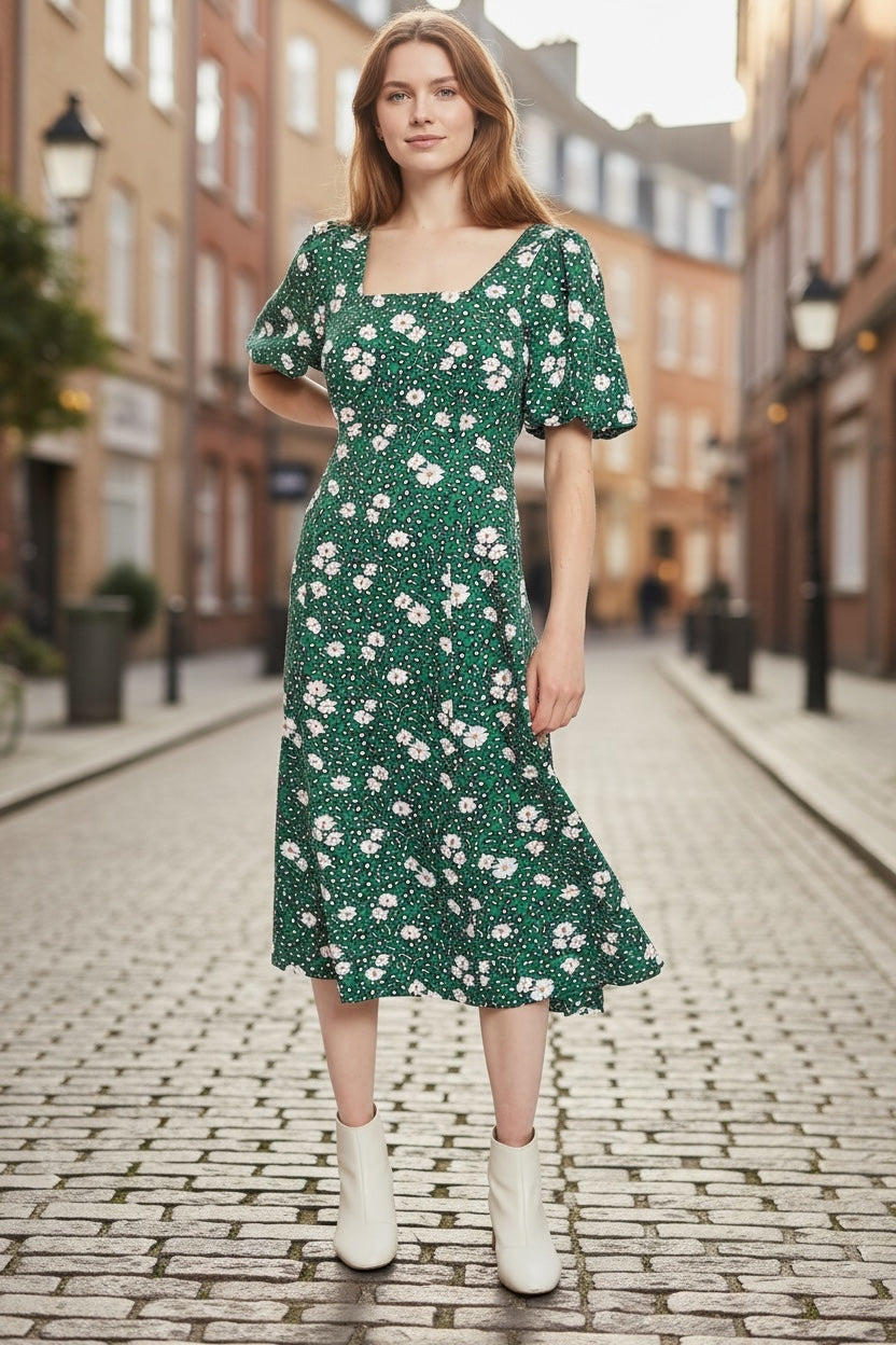 Louche Nadine Roaring Daisy Print Square Neck Balloon Sleeve Midi Dress - Green
