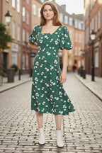 Louche Nadine Roaring Daisy Print Square Neck Balloon Sleeve Midi Dress - Green