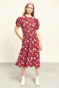 Louche Stasia Roaring Daisy Print V Back Puff Sleeve Midi Dress Red