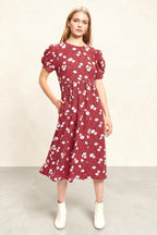 Louche Stasia Roaring Daisy Print V Back Puff Sleeve Midi Dress Red