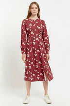 Louche Liv Roaring Daisy Print Long Sleeve Midi Dress Red