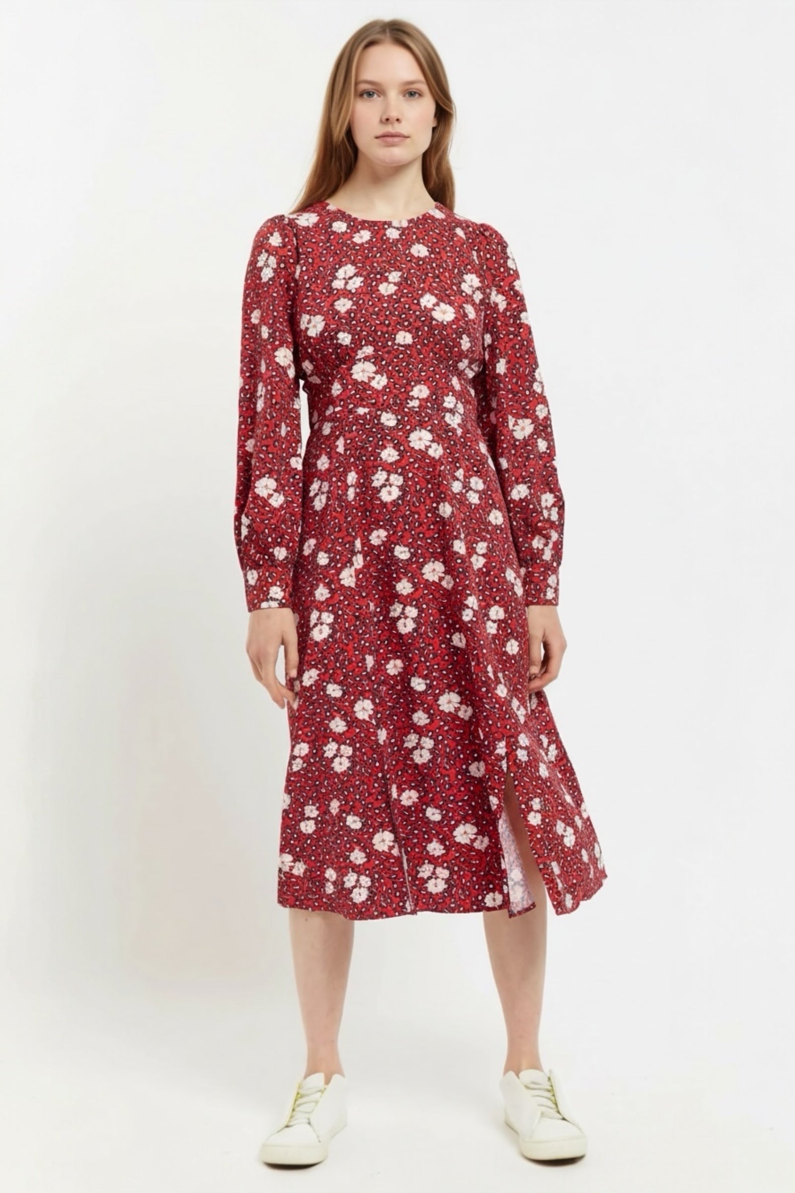 Louche Liv Roaring Daisy Print Long Sleeve Midi Dress Red