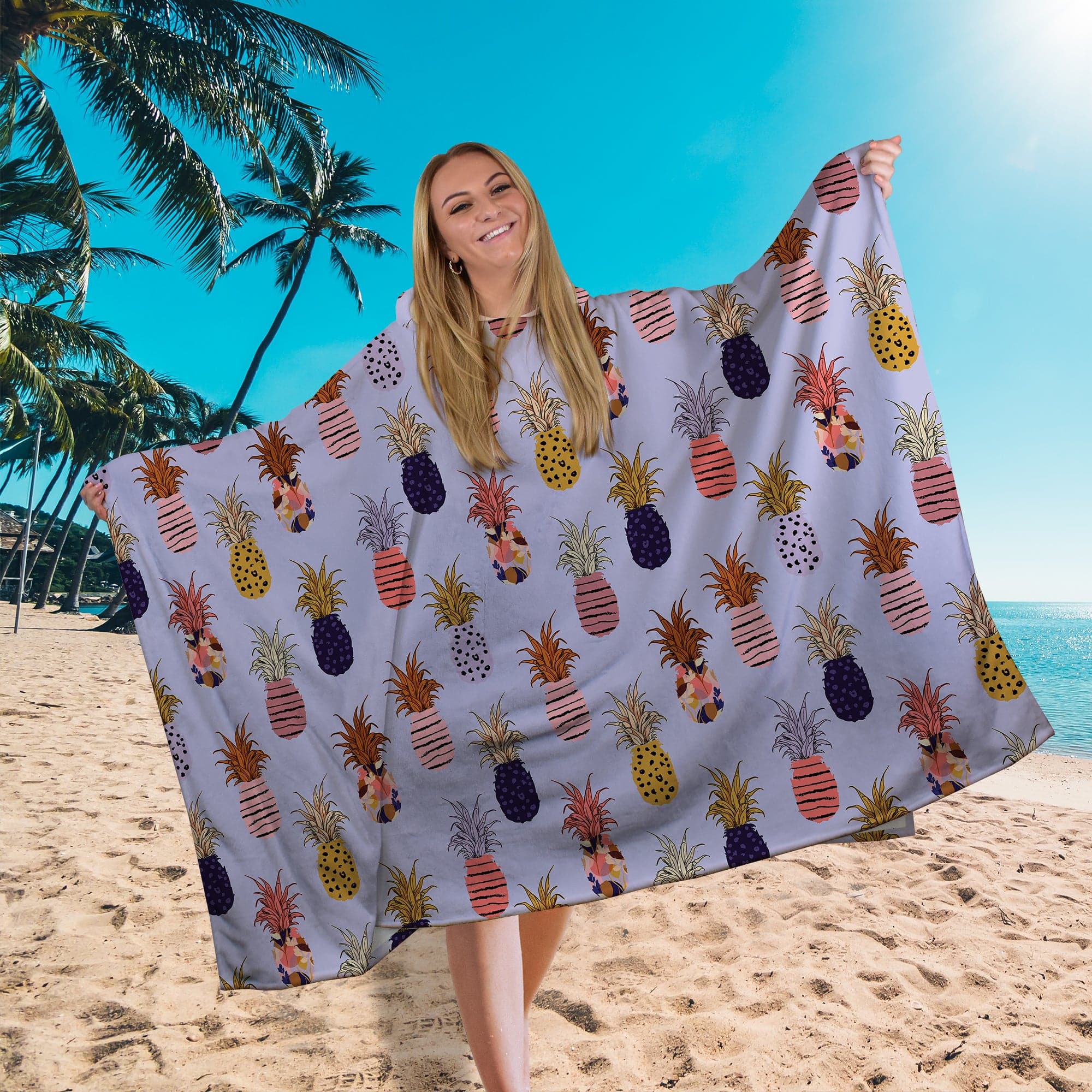 Hooded Towel -  Lightweight, Microfibre - Pineapples - Purple