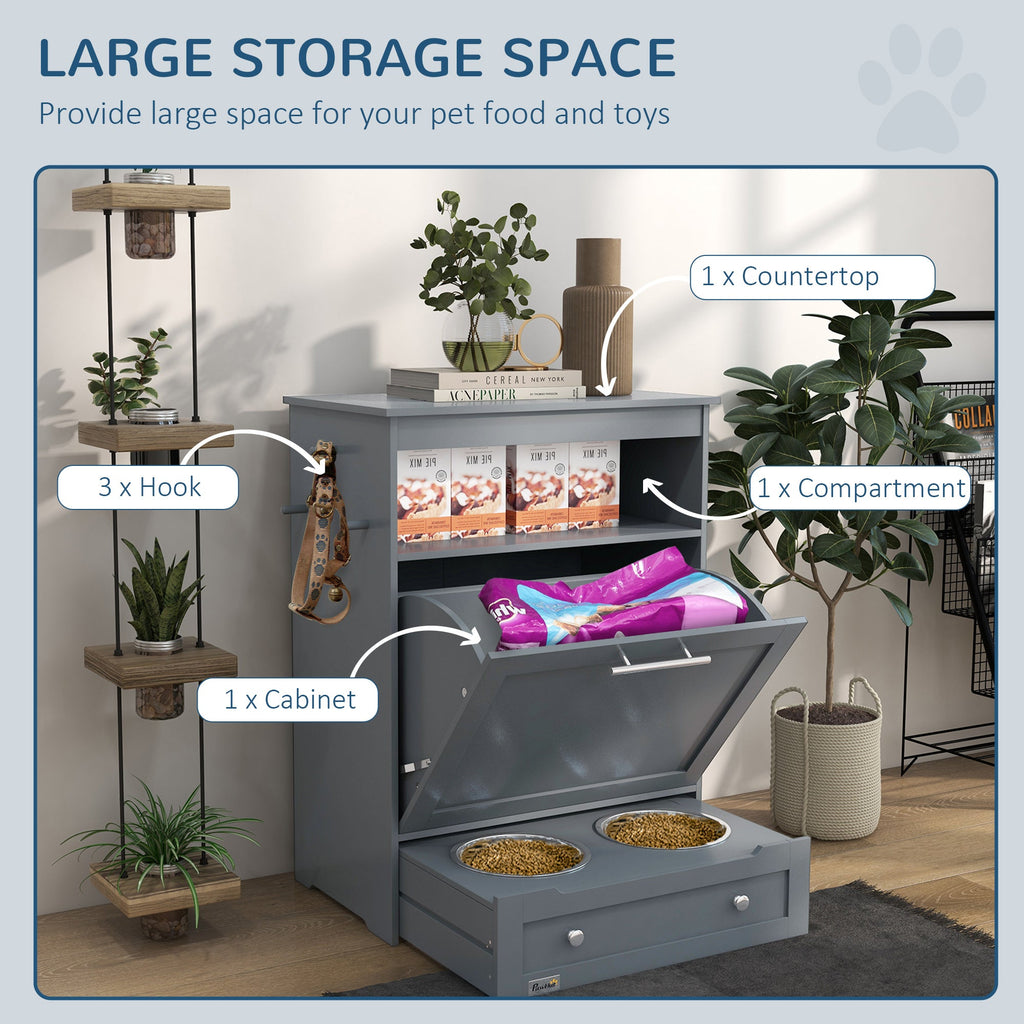 PawHut Pet Feeder Station, Dog, Cat Storage Container, with Raised Bowls, Hanger, Cabinet - Grey
