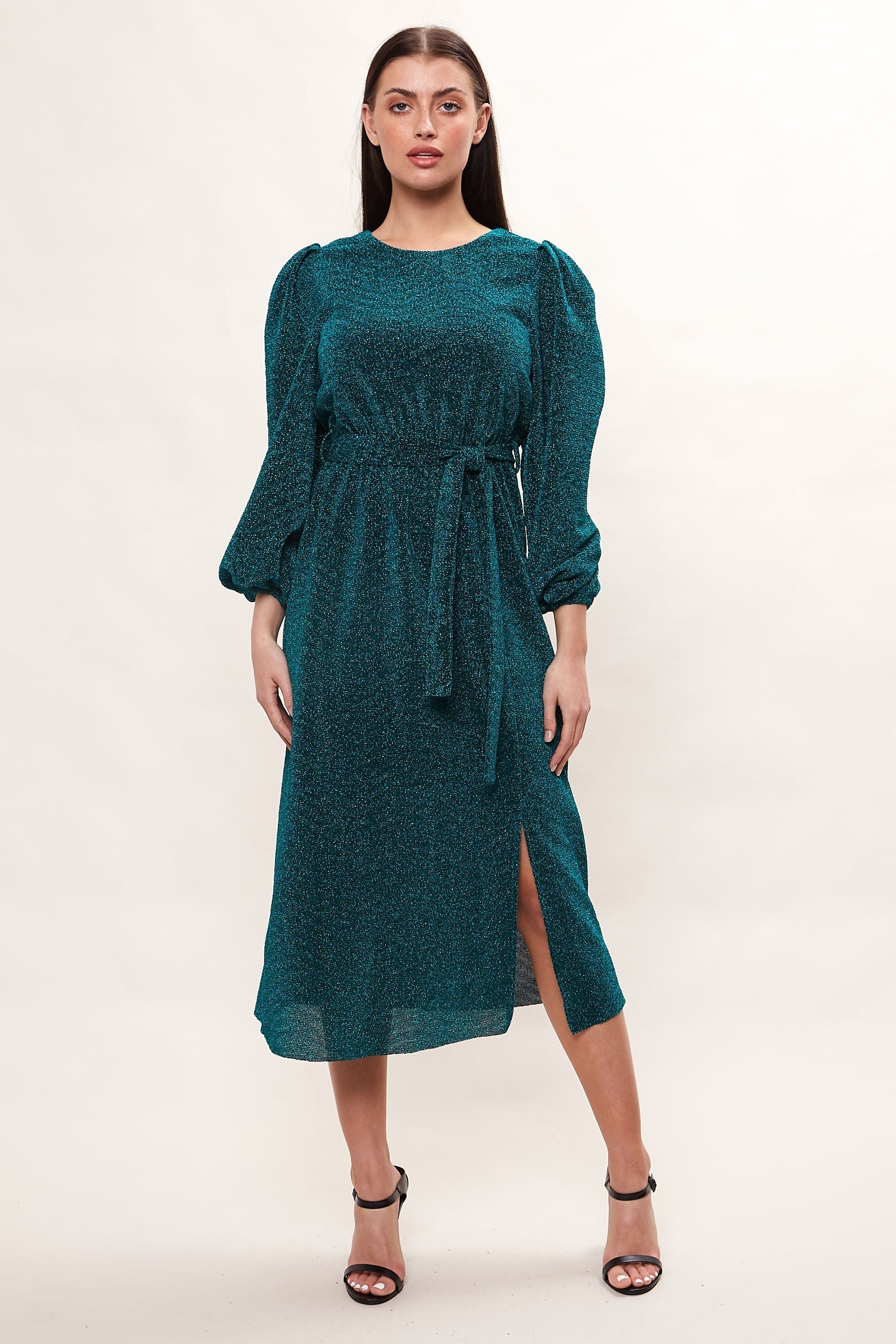 Louche Roza Lurex Jersey V Back Midi Dress - Petrol