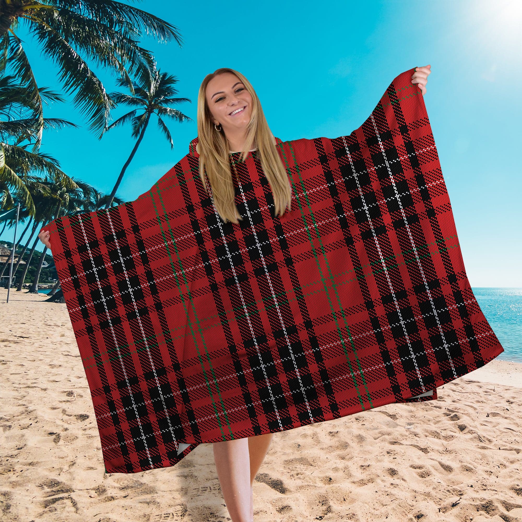 Hooded Towel - Lightweight, Microfibre - Red Tartan Print