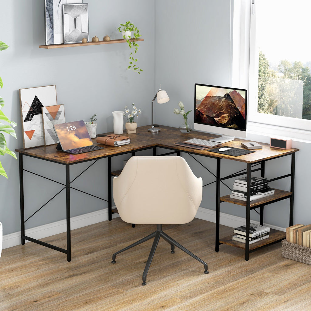 Wooden Industrial L-Shaped Desk with Storage Shelves-Black