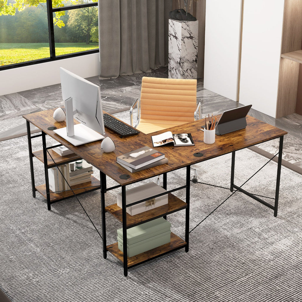 Wooden Industrial L-Shaped Desk with Storage Shelves-Black