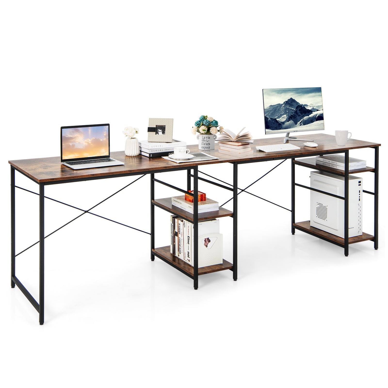 Wooden Industrial L-Shaped Desk with Storage Shelves-Black