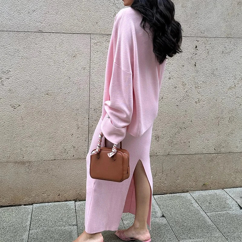 Women's Fashion Three Piece Set Solid Knitted Vest Long Sleeve Single Breasted Coat Chic Maxi Skirt Outfit Winter Casual Dress