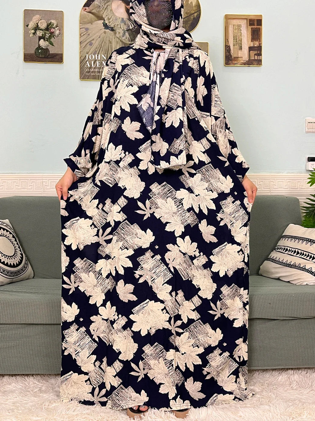 Women's Traditional Floral Ramadan Muslim Cotton Abayas Garment with attached Headscarf