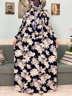 Women's Traditional Floral Ramadan Muslim Cotton Abayas Garment with attached Headscarf