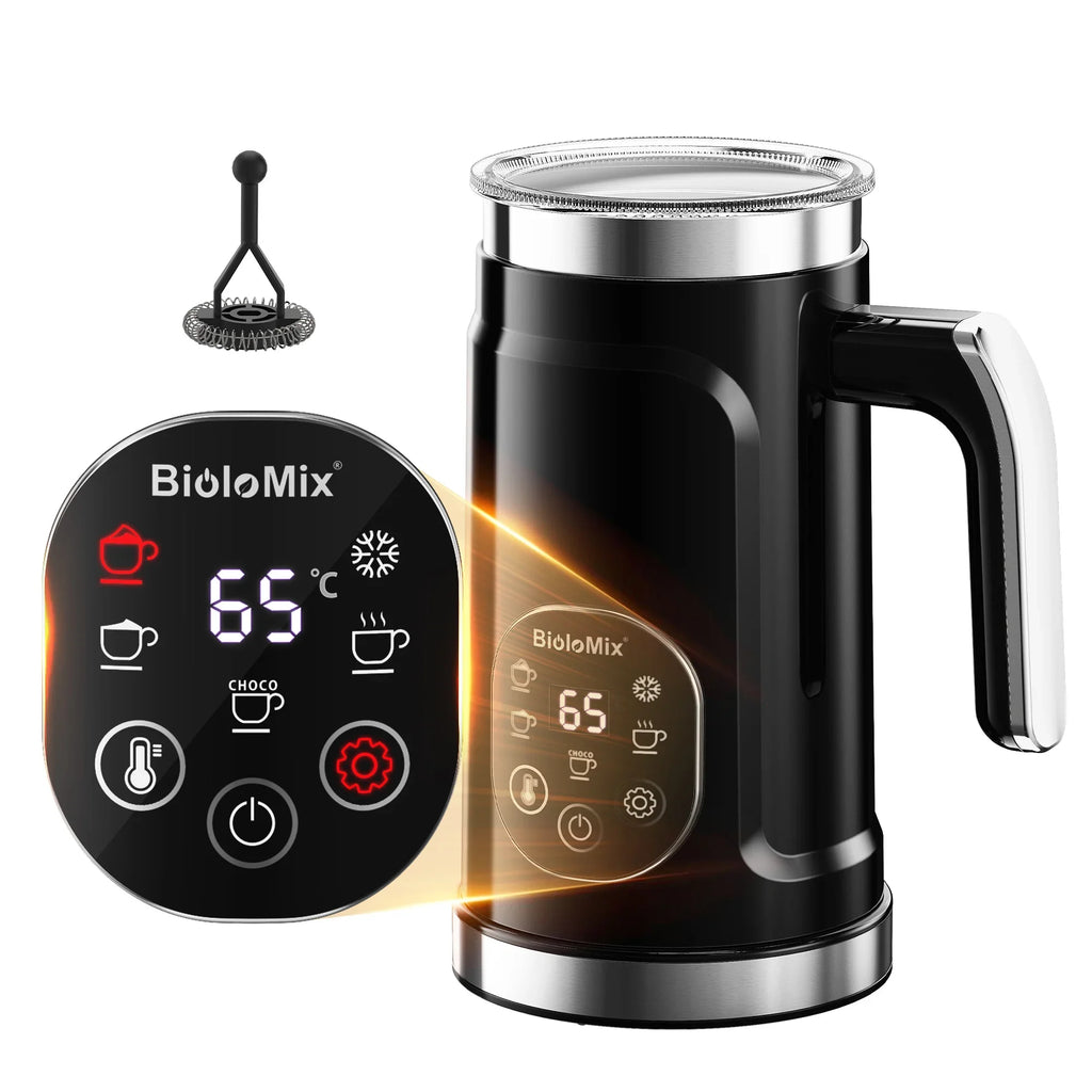 BioloMix Upgraded 5-in-1 LED Touch Screen Milk Frother for Lattes & Coffee, Hot And Cold Foam Maker