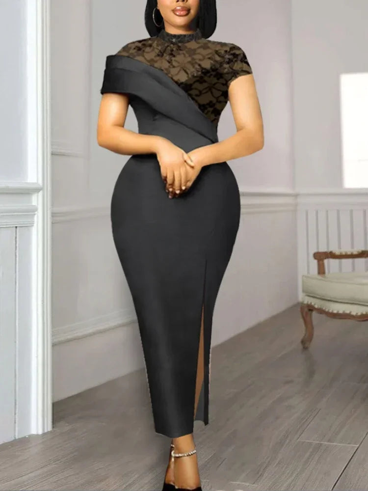 Black Long Prom Dresses High Neck Lace Patchwork Bodycon Women Evening Cocktail