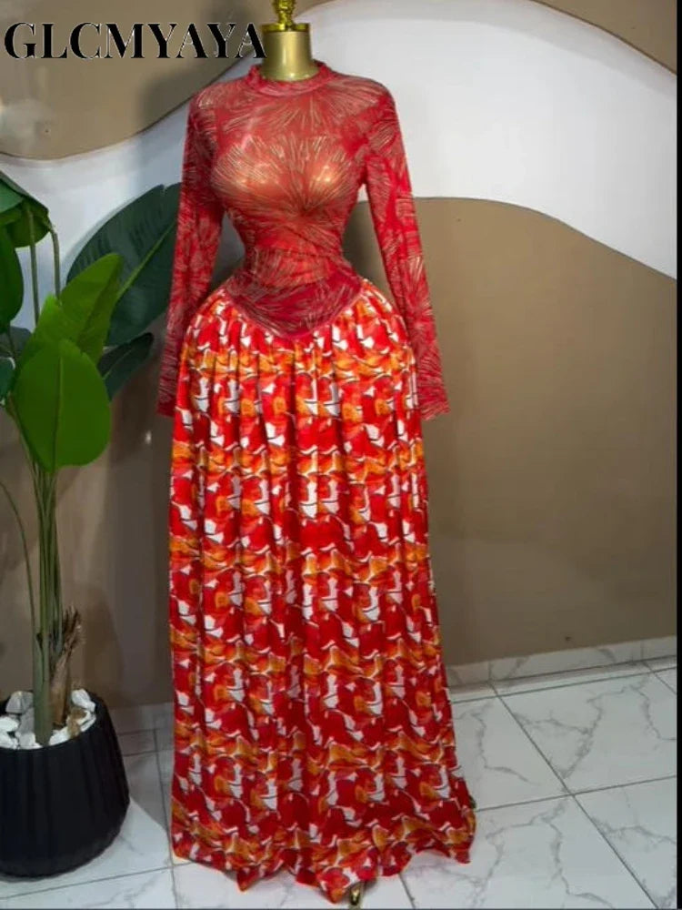 Women leaf Print patchwork smock Midi A-line Long Maxi Elegant Evening Dresses