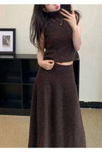 Elegant Knitted 3 Piece Set Women Long Cardigan Coat Sleeveless Vest High Waist A-line Long Skirt