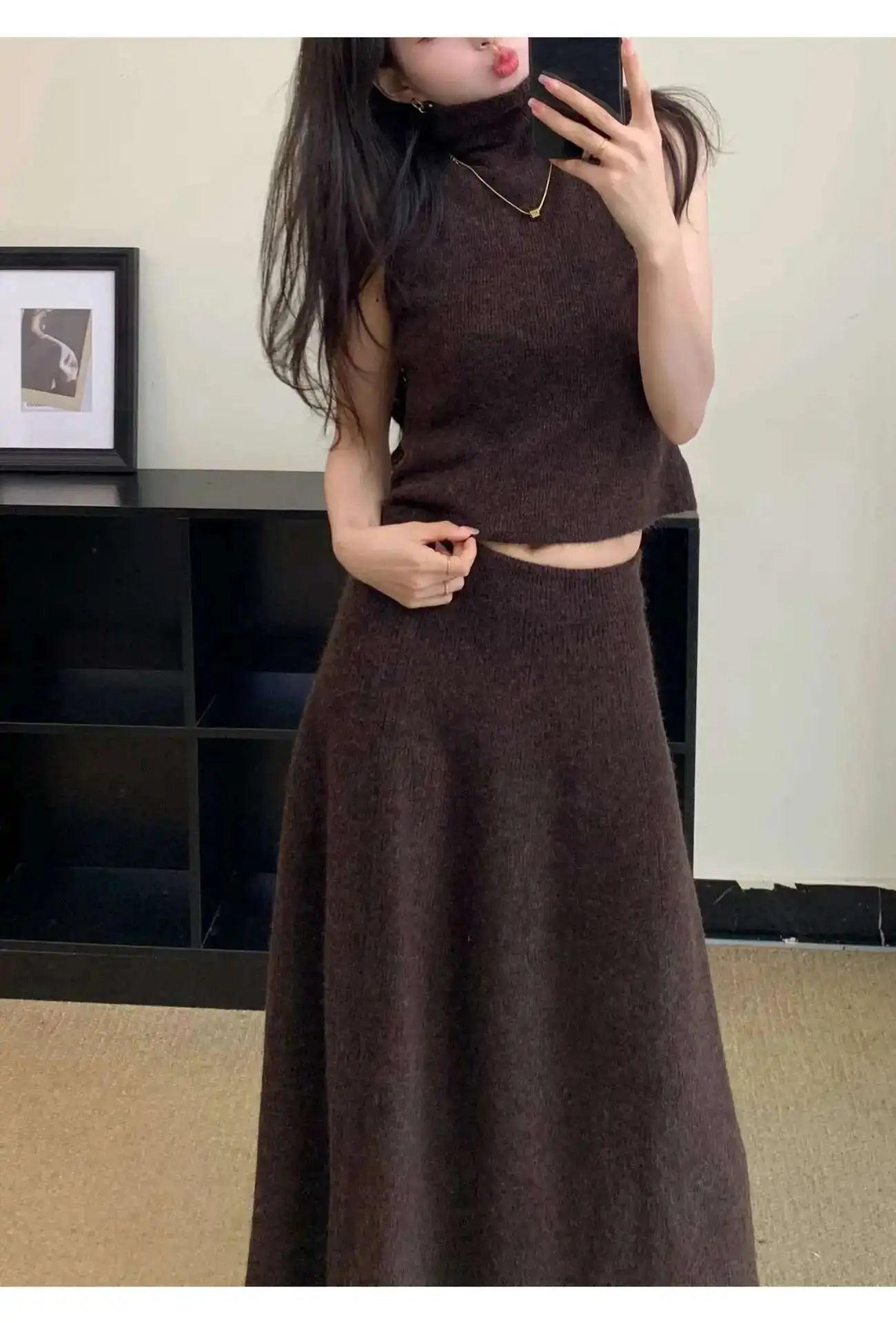 Elegant Knitted 3 Piece Set Women Long Cardigan Coat Sleeveless Vest High Waist A-line Long Skirt
