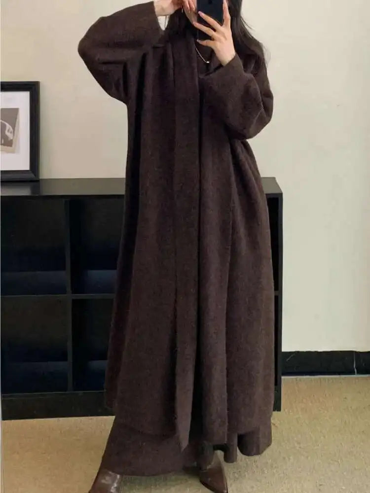 Elegant Knitted 3 Piece Set Women Long Cardigan Coat Sleeveless Vest High Waist A-line Long Skirt