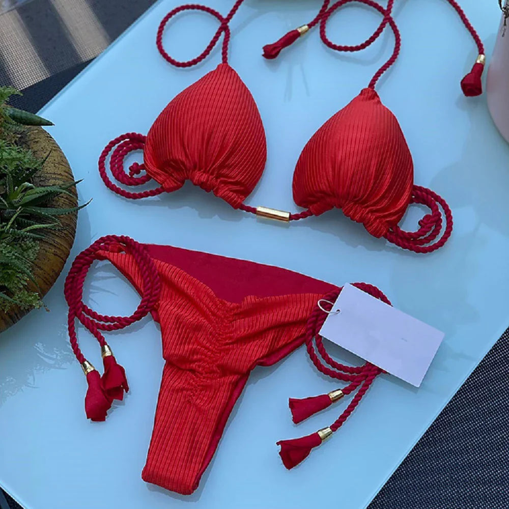 Adjustable Bandage Bikini Set 2023 Swimwear Swimsuit Woman Sexy Bathing Suits Solid Bikinis Triangle Female Summer Beachwear