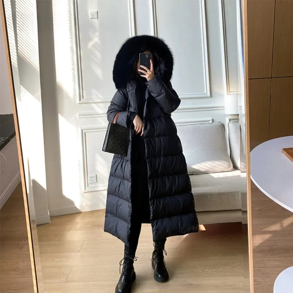 Winter Women's Ultra Light Warm Faux Fur Parka with Hooded Long Duck down Jacket White with Fur Collar Casual Snow Coat