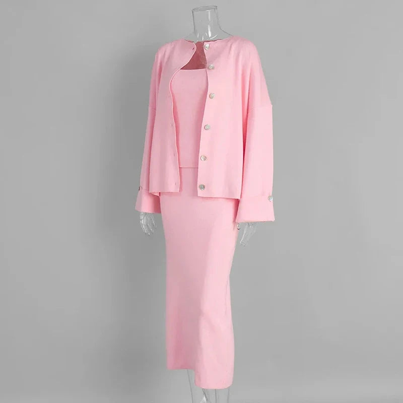 Women's Fashion Three Piece Set Solid Knitted Vest Long Sleeve Single Breasted Coat Chic Maxi Skirt Outfit Winter Casual Dress