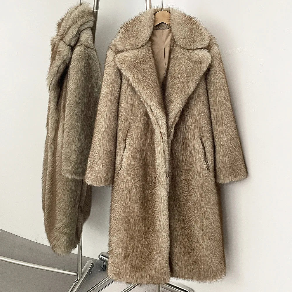 High Quality Long Length Woolen Faux Fur Coat Women's Autumn Winter Elegant Tailored Collar Jacket Non-Mink Fur Coats
