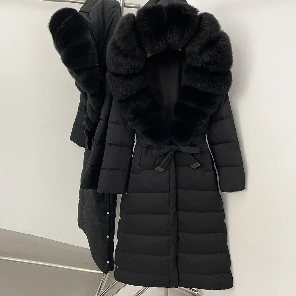 Real Faux Fur Collar Puffer Jacket Duck Down Thick Coat For Women